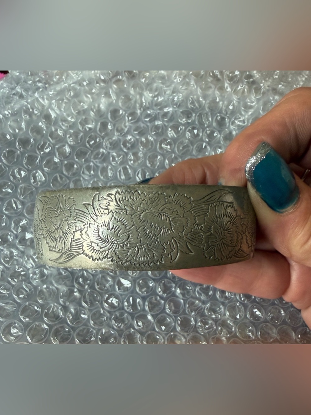 Vintage Kirk Steiff Engraved Floral Metal pewter Cuff Bracelet- Carnation